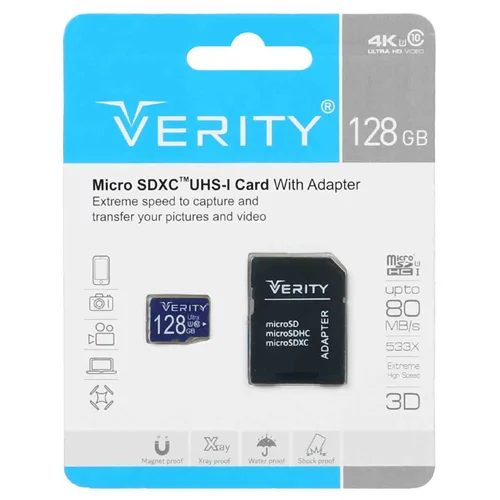 کارت حافظه microSDXC وریتی مدل 4K کلاس 10 استاندارد UHS-I U3 سرعت 80MBps ظرفیت 128 گیگابایت به همراه آداپتور SD