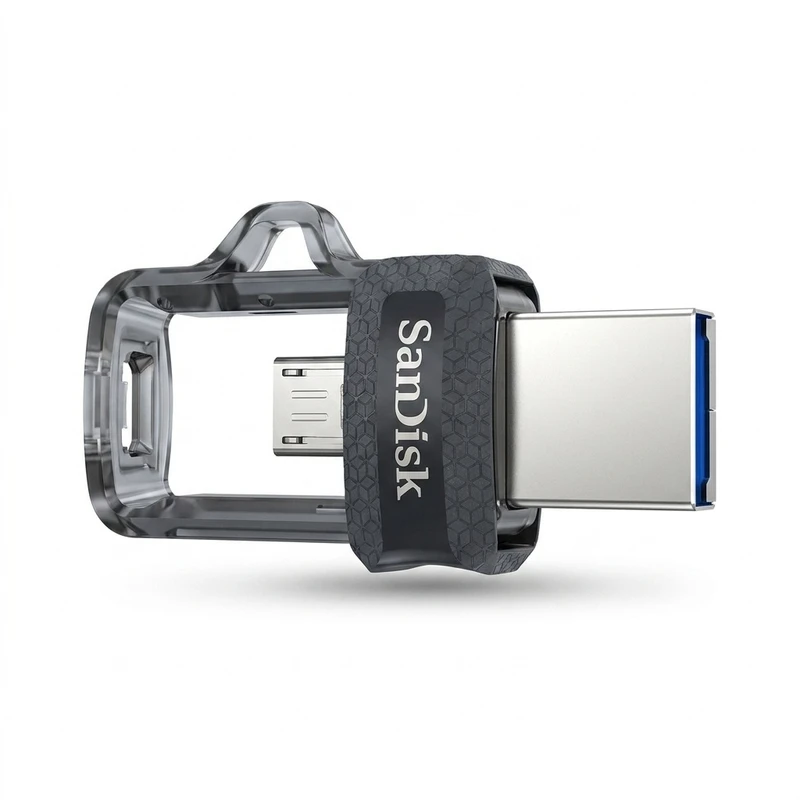 فلش مموری 32 گیگابایت سن دیسک مدل Ultra Dual Drive M3.0 با دو درگاه USB سه‌نقطه‌صفر و microUSB، سرعت خواندن تا 150 مگابایت بر ثانیه و اتصال مستقیم به دستگاه‌های دارای OTG